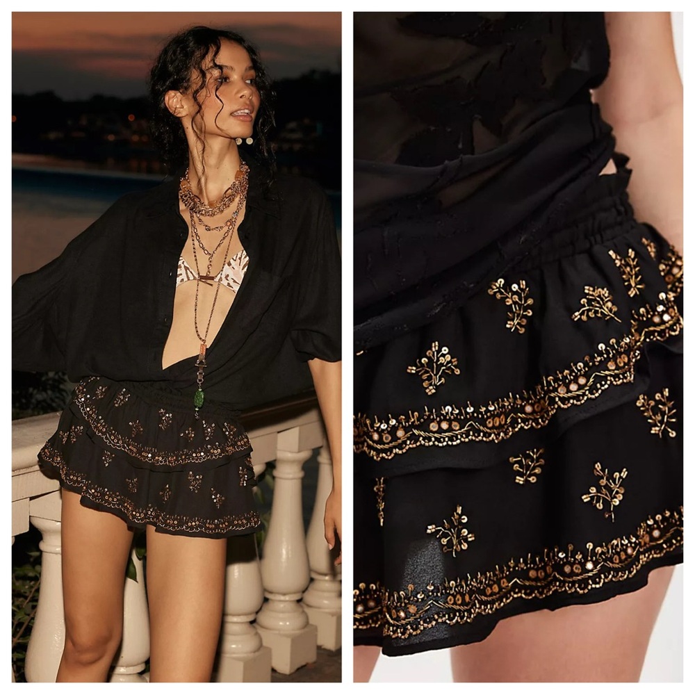 Free People Black Mini Skirt with Gold Embroidery